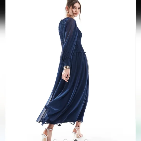 NWOT ASOS DESIGN smocked drop waist bodice teal blue midi maxi dress 4 - Picture 2 of 5